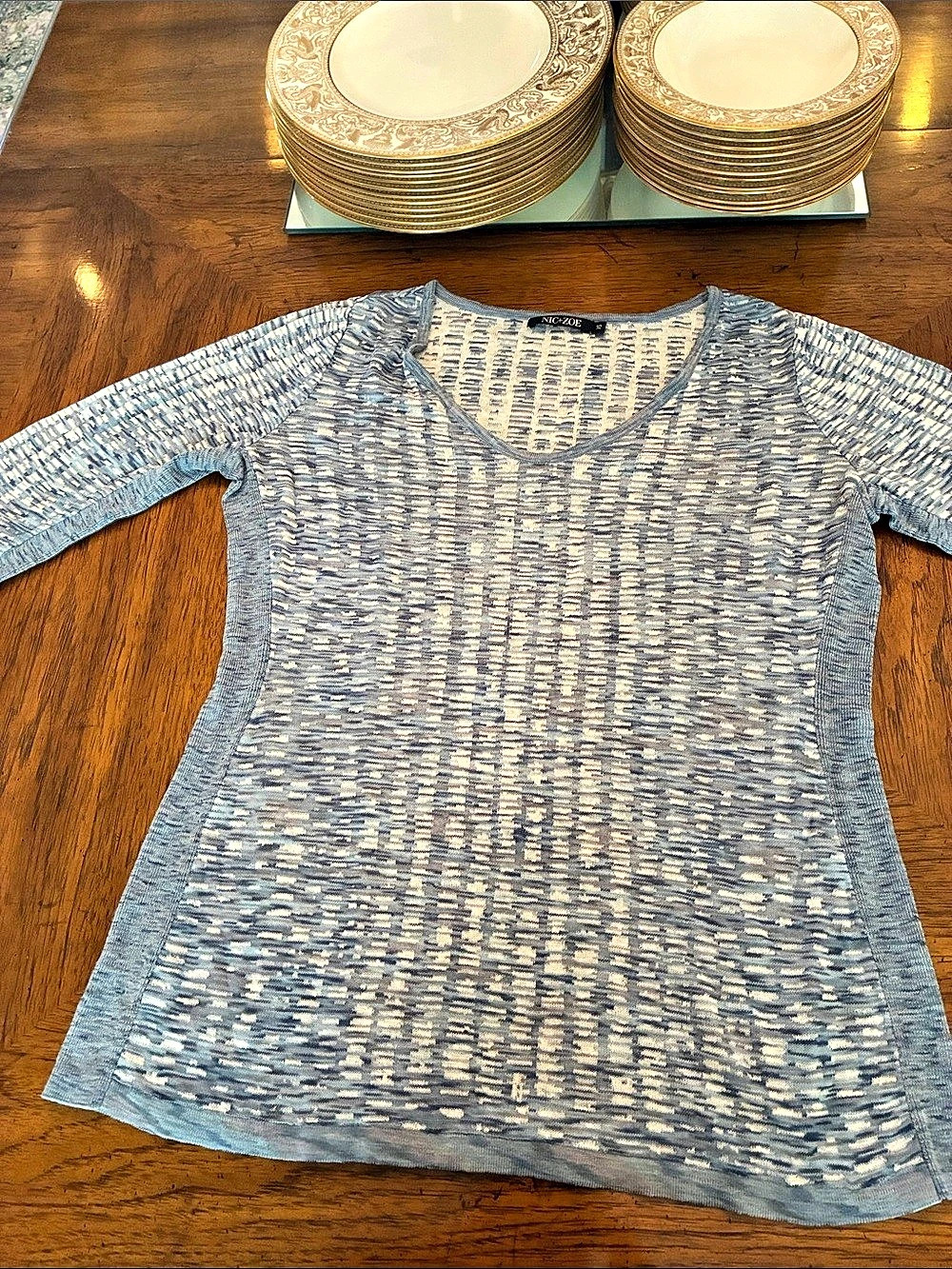 NIC+ZOE Blue & White Short Sleeve Top Size XS Like New